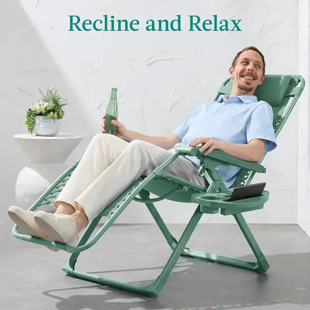 Alt view image 4 of 7 - Adjustable Zero Gravity Chair, Monochromatic Color Folding Patio Recliner w/Side Tray, Headrest - Seafoam