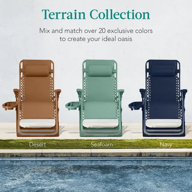 Alt view image 7 of 7 - Adjustable Zero Gravity Chair, Monochromatic Color Folding Patio Recliner w/Side Tray, Headrest - Seafoam