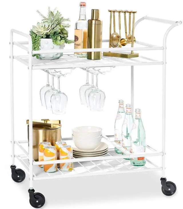 Main image of Rolling Bar Cart, Mobile Home Bar Serving Cart, Serving Station w/ 2 Tier Shelves, Wine Rack, Lockable Wheels - White