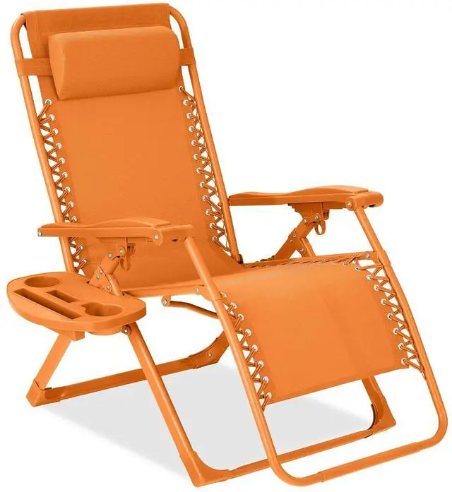 Main image of Adjustable Zero Gravity Chair, Monochromatic Color Folding Patio Recliner w/Side Tray, Headrest - Tangerine