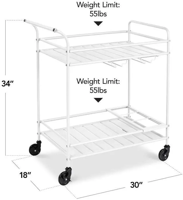 Alt view image 2 of 7 - Rolling Bar Cart, Mobile Home Bar Serving Cart, Serving Station w/ 2 Tier Shelves, Wine Rack, Lockable Wheels - White