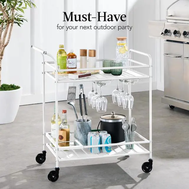 Alt view image 3 of 7 - Rolling Bar Cart, Mobile Home Bar Serving Cart, Serving Station w/ 2 Tier Shelves, Wine Rack, Lockable Wheels - White