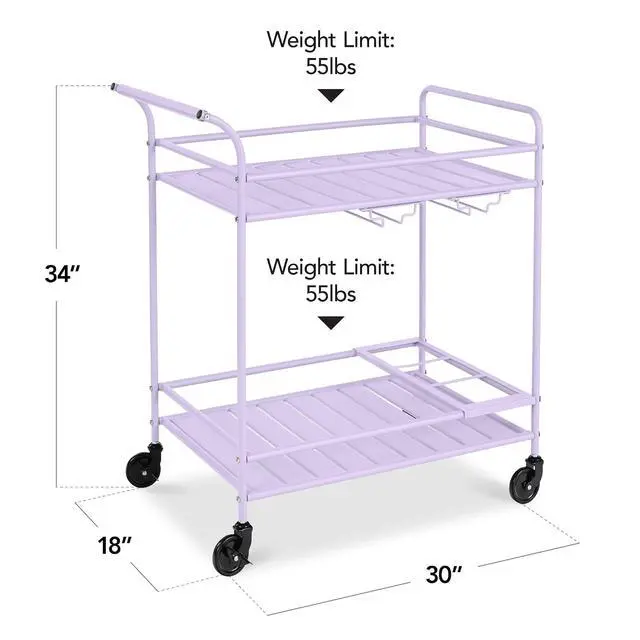 Alt view image 2 of 7 - Rolling Bar Cart, Mobile Home Bar Serving Cart, Serving Station w/ 2 Tier Shelves, Wine Rack, Lockable Wheels - Lavender