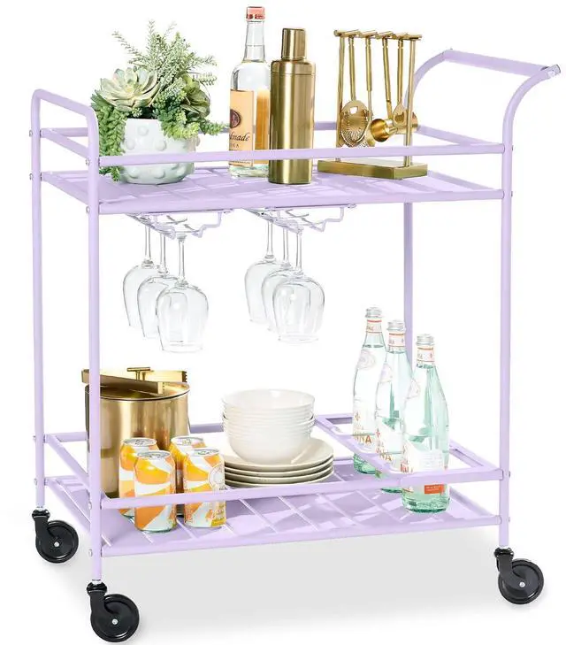 Main image of Rolling Bar Cart, Mobile Home Bar Serving Cart, Serving Station w/ 2 Tier Shelves, Wine Rack, Lockable Wheels - Lavender
