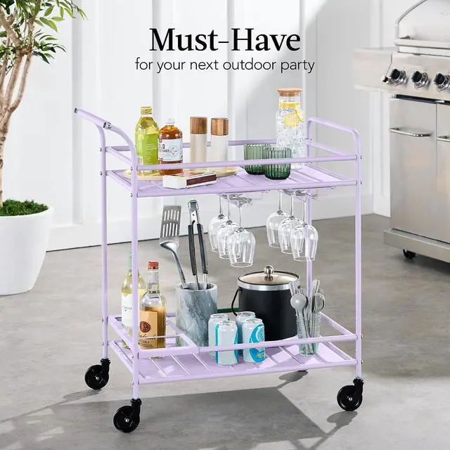 Alt view image 3 of 7 - Rolling Bar Cart, Mobile Home Bar Serving Cart, Serving Station w/ 2 Tier Shelves, Wine Rack, Lockable Wheels - Lavender