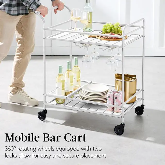 Alt view image 5 of 7 - Rolling Bar Cart, Mobile Home Bar Serving Cart, Serving Station w/ 2 Tier Shelves, Wine Rack, Lockable Wheels - White