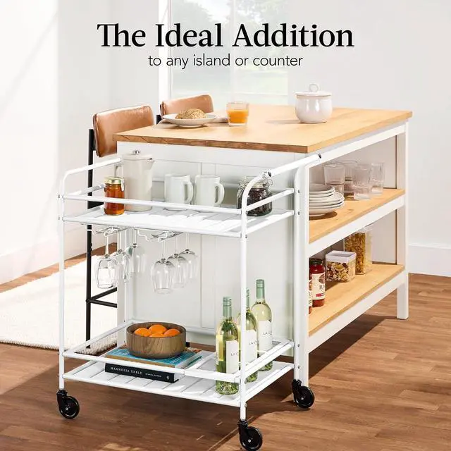 Alt view image 6 of 7 - Rolling Bar Cart, Mobile Home Bar Serving Cart, Serving Station w/ 2 Tier Shelves, Wine Rack, Lockable Wheels - White