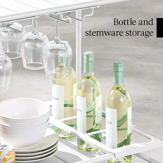 Alt view image 7 of 7 - Rolling Bar Cart, Mobile Home Bar Serving Cart, Serving Station w/ 2 Tier Shelves, Wine Rack, Lockable Wheels - White