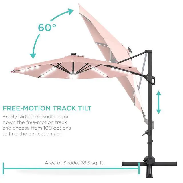 Alt view image 5 of 7 - 10ft Solar LED Cantilever Patio Umbrella, 360-Degree Rotation Hanging Offset Market Outdoor Sun Shade for Backyard, Deck, Poolside w/Lights, Easy Tilt, Cross Base - Rose Quartz
