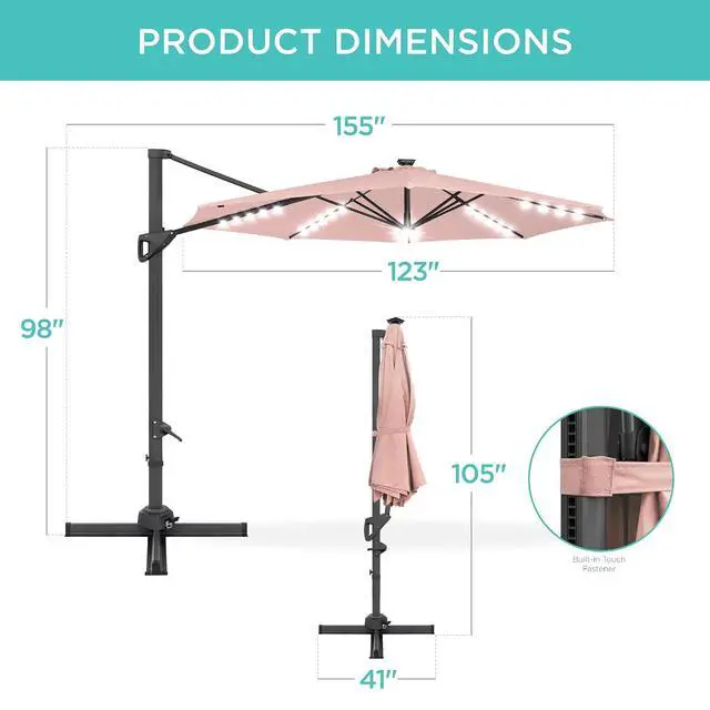 Alt view image 7 of 7 - 10ft Solar LED Cantilever Patio Umbrella, 360-Degree Rotation Hanging Offset Market Outdoor Sun Shade for Backyard, Deck, Poolside w/Lights, Easy Tilt, Cross Base - Rose Quartz