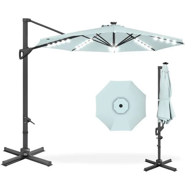 Main image of 10ft Solar LED Cantilever Patio Umbrella, 360-Degree Rotation Hanging Offset Market Outdoor Sun Shade for Backyard, Deck, Poolside w/Lights, Easy Tilt, Cross Base - Baby Blue