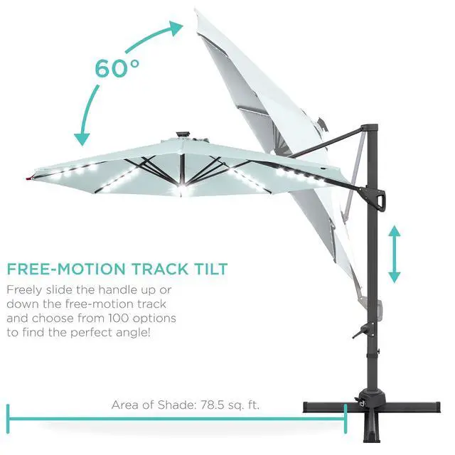 Alt view image 5 of 7 - 10ft Solar LED Cantilever Patio Umbrella, 360-Degree Rotation Hanging Offset Market Outdoor Sun Shade for Backyard, Deck, Poolside w/Lights, Easy Tilt, Cross Base - Baby Blue