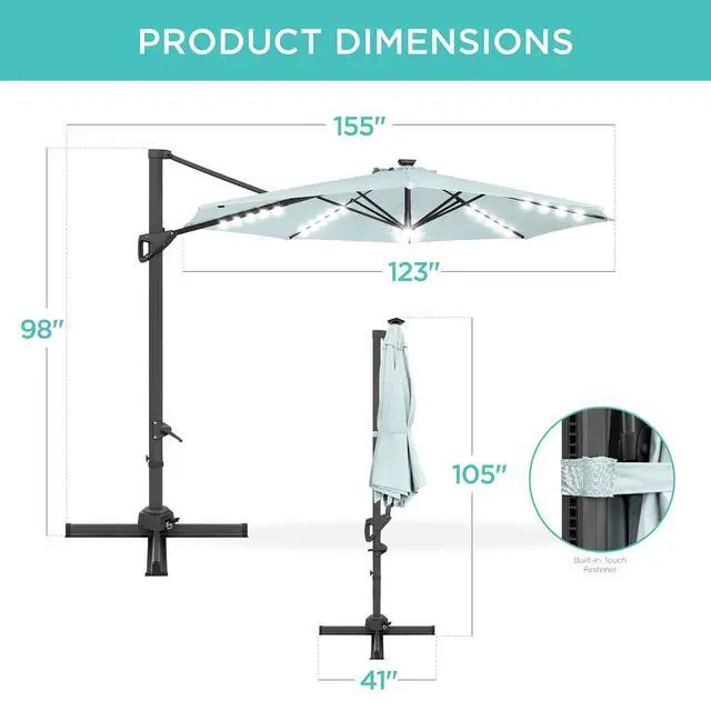 Alt view image 7 of 7 - 10ft Solar LED Cantilever Patio Umbrella, 360-Degree Rotation Hanging Offset Market Outdoor Sun Shade for Backyard, Deck, Poolside w/Lights, Easy Tilt, Cross Base - Baby Blue