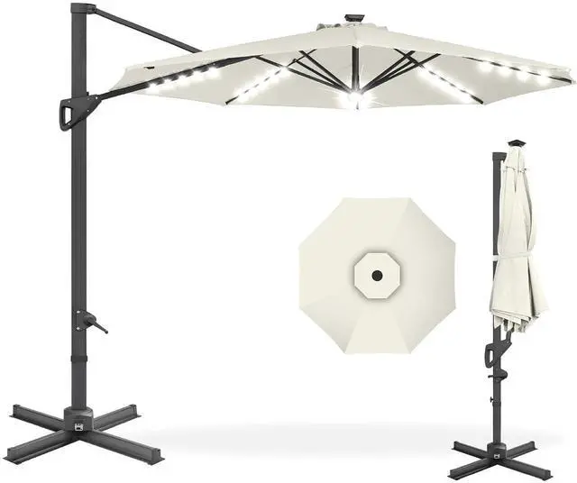 Main image of 10ft Solar LED Cantilever Patio Umbrella, 360-Degree Rotation Hanging Offset Market Outdoor Sun Shade for Backyard, Deck, Poolside w/Lights, Easy Tilt, Cross Base - Ivory