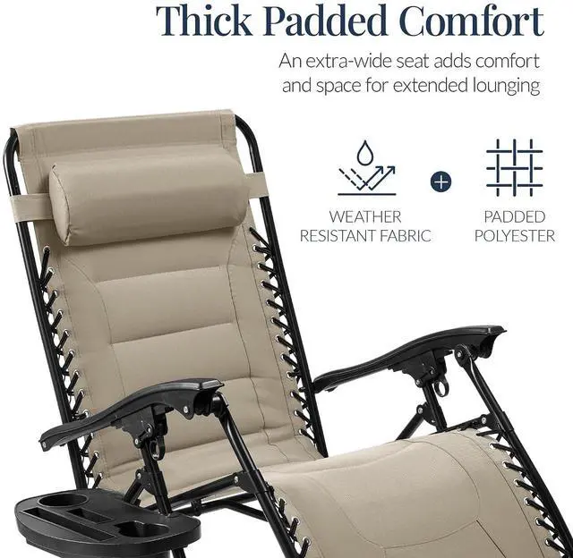Alt view image 4 of 7 - Oversized Padded Zero Gravity Chair, Folding Outdoor Patio Recliner, XL Anti Gravity Lounger for Backyard w/Headrest, Cup Holder, Side Tray, Polyester Mesh - Dune