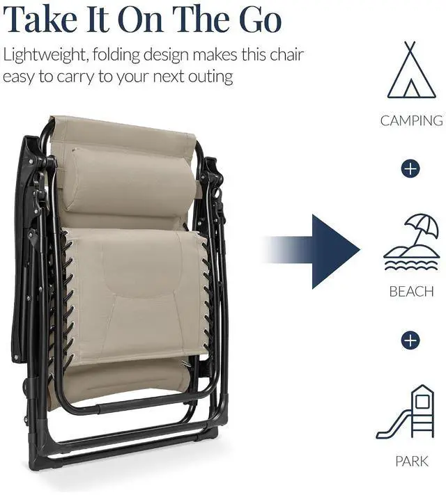 Alt view image 5 of 7 - Oversized Padded Zero Gravity Chair, Folding Outdoor Patio Recliner, XL Anti Gravity Lounger for Backyard w/Headrest, Cup Holder, Side Tray, Polyester Mesh - Dune