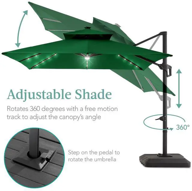 Alt view image 4 of 7 - 10x10ft Cantilever Patio Umbrella w/Base Included, Solar LED Lights 360 Rotation Large Offset Hanging Outdoor Shade for Deck Pool Backyard w/Stand Green
