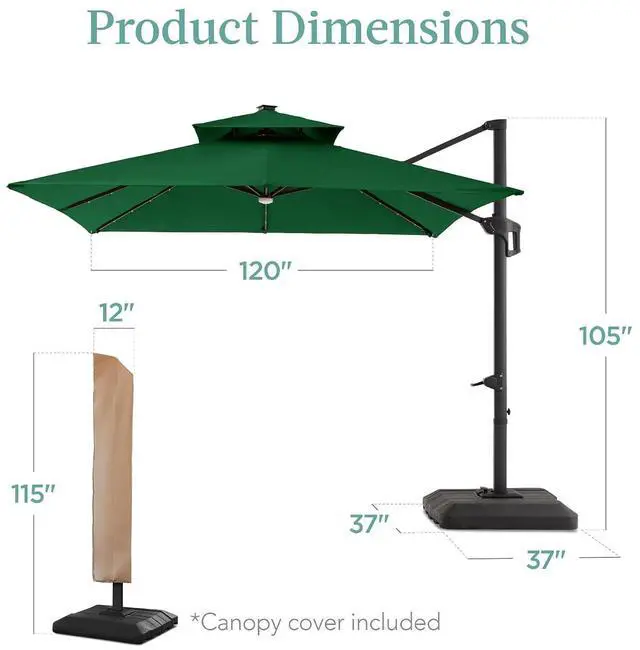 Alt view image 7 of 7 - 10x10ft Cantilever Patio Umbrella w/Base Included, Solar LED Lights 360 Rotation Large Offset Hanging Outdoor Shade for Deck Pool Backyard w/Stand Green