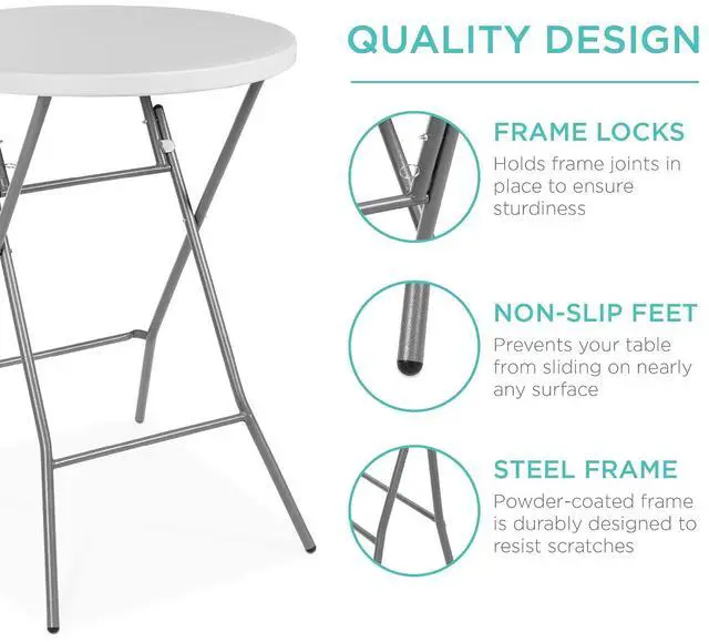 Alt view image 6 of 7 - 32in Bar Height Folding Table, Round Indoor Outdoor Accessory for Patio, Backyard, Dining Room, Events w/Thick Table Top, Metal Frame, Locking Legs, 330lb Weight Capacity - White | Bar Height