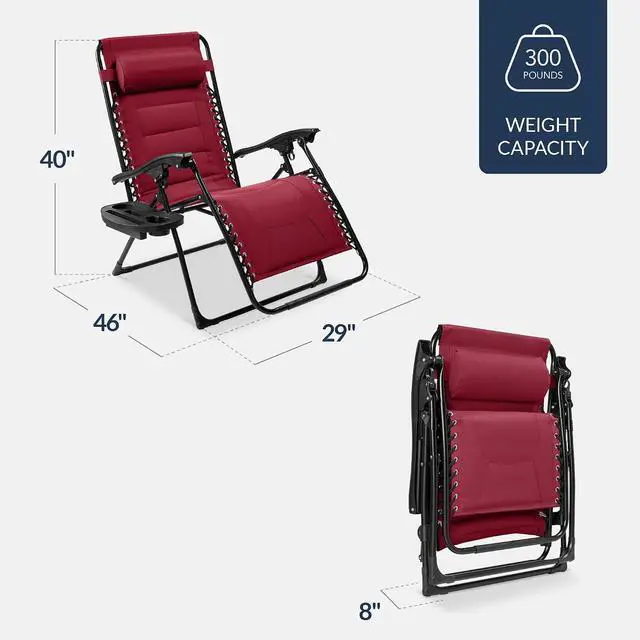 Alt view image 2 of 7 - Oversized Padded Zero Gravity Chair, Folding Outdoor Patio Recliner, XL Anti Gravity Lounger for Backyard w/Headrest, Cup Holder, Side Tray, Polyester Mesh - Burgundy