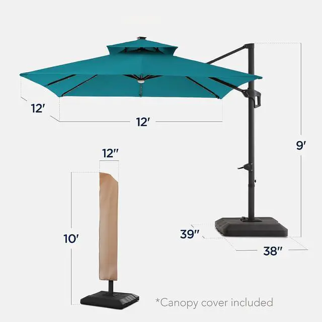Alt view image 2 of 7 - 12x12ft LED Cantilever Patio Umbrella w/Base Included & 360° Rotation, Large Solar Offset Hanging Outdoor Sun Shade for Deck, Backyard Table w/Stand & Lights Cerulean