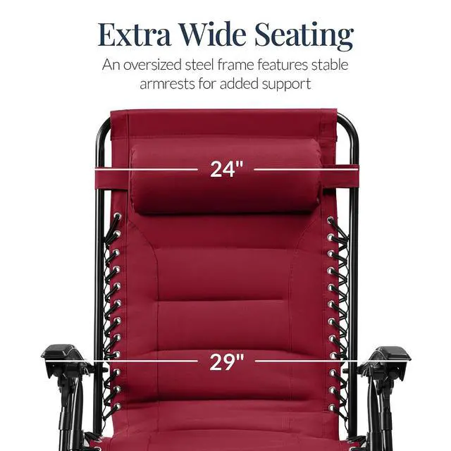 Alt view image 3 of 7 - Oversized Padded Zero Gravity Chair, Folding Outdoor Patio Recliner, XL Anti Gravity Lounger for Backyard w/Headrest, Cup Holder, Side Tray, Polyester Mesh - Burgundy