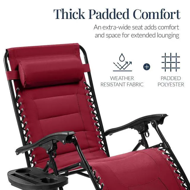 Alt view image 4 of 7 - Oversized Padded Zero Gravity Chair, Folding Outdoor Patio Recliner, XL Anti Gravity Lounger for Backyard w/Headrest, Cup Holder, Side Tray, Polyester Mesh - Burgundy
