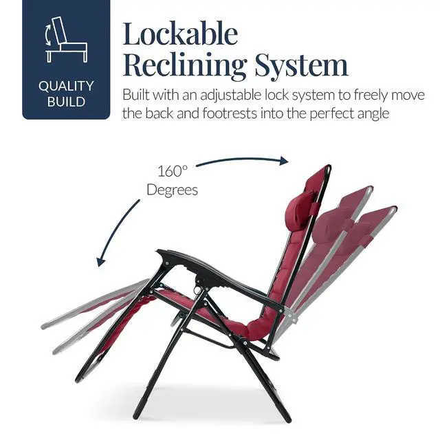 Alt view image 7 of 7 - Oversized Padded Zero Gravity Chair, Folding Outdoor Patio Recliner, XL Anti Gravity Lounger for Backyard w/Headrest, Cup Holder, Side Tray, Polyester Mesh - Burgundy