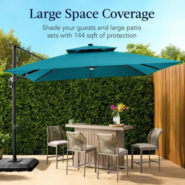 Alt view image 4 of 7 - 12x12ft LED Cantilever Patio Umbrella w/Base Included & 360° Rotation, Large Solar Offset Hanging Outdoor Sun Shade for Deck, Backyard Table w/Stand & Lights Cerulean