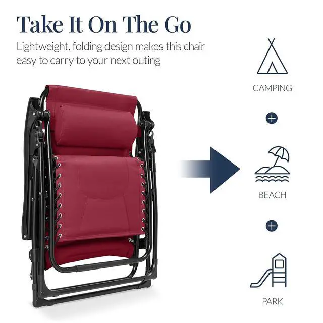 Alt view image 5 of 7 - Oversized Padded Zero Gravity Chair, Folding Outdoor Patio Recliner, XL Anti Gravity Lounger for Backyard w/Headrest, Cup Holder, Side Tray, Polyester Mesh - Burgundy