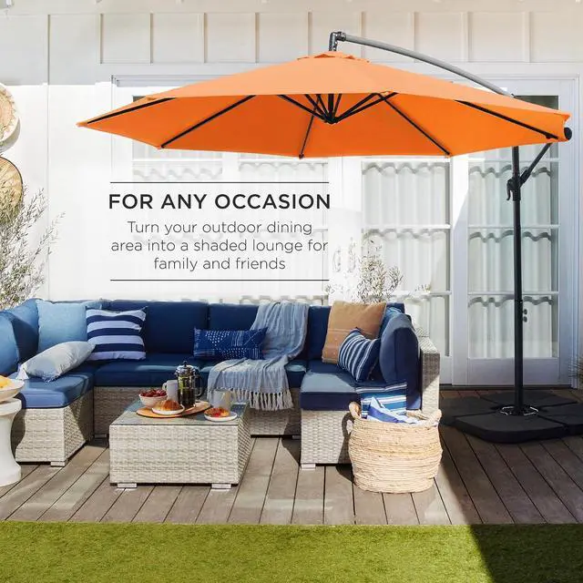 Alt view image 3 of 7 - 10ft Offset Cantilever Hanging Market Patio Umbrella, 8 Sturdy Ribs, Easy Adjustment - Orange