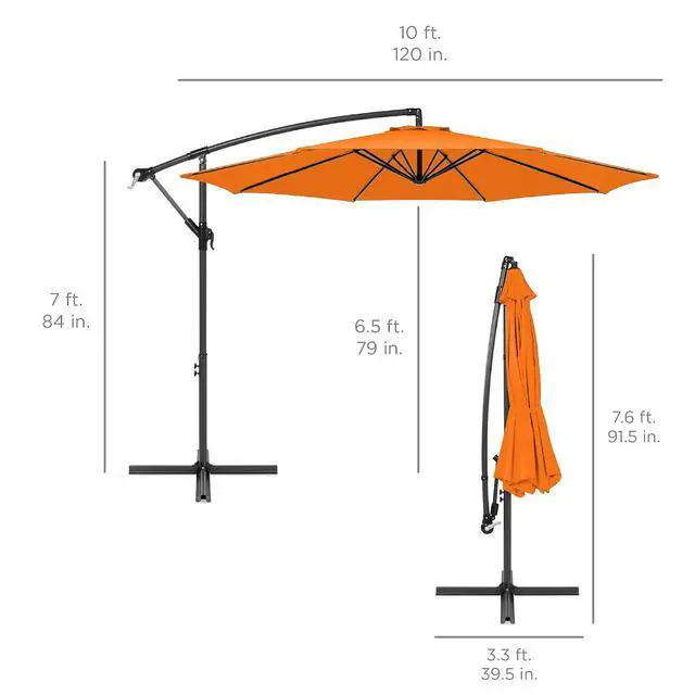 Alt view image 7 of 7 - 10ft Offset Cantilever Hanging Market Patio Umbrella, 8 Sturdy Ribs, Easy Adjustment - Orange