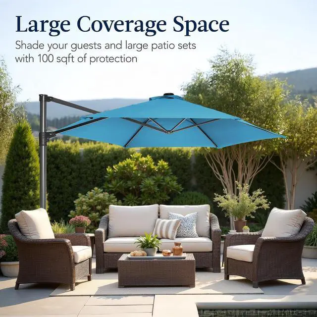 Alt view image 4 of 7 - 10ft Offset Cantilever Hanging Market Patio Umbrella, Smooth 360° Rotation, 8 Sturdy Ribs, Easy Adjustment - Sky Blue