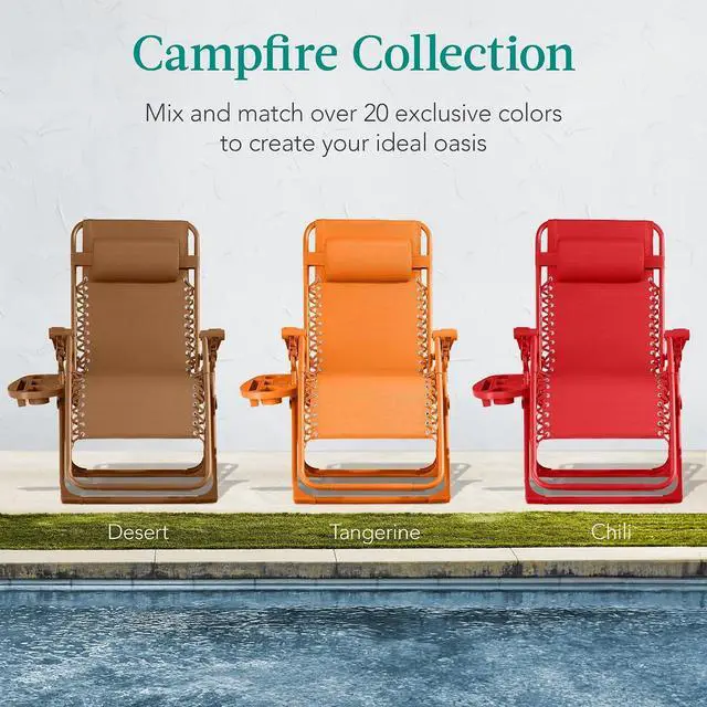 Alt view image 7 of 7 - Adjustable Zero Gravity Chair, Monochromatic Color Folding Patio Recliner w/Side Tray, Headrest - Desert