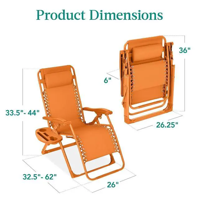 Alt view image 3 of 7 - Adjustable Zero Gravity Chair, Monochromatic Color Folding Patio Recliner w/Side Tray, Headrest - Tangerine