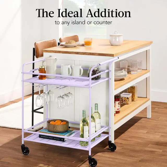 Alt view image 6 of 7 - Rolling Bar Cart, Mobile Home Bar Serving Cart, Serving Station w/ 2 Tier Shelves, Wine Rack, Lockable Wheels - Lavender