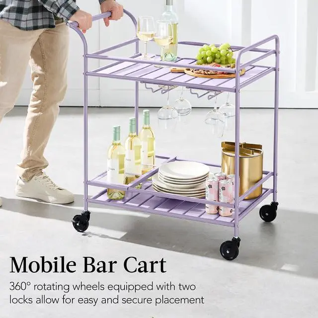Alt view image 5 of 7 - Rolling Bar Cart, Mobile Home Bar Serving Cart, Serving Station w/ 2 Tier Shelves, Wine Rack, Lockable Wheels - Lavender