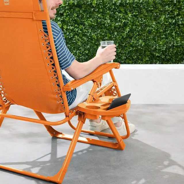 Alt view image 5 of 7 - Adjustable Zero Gravity Chair, Monochromatic Color Folding Patio Recliner w/Side Tray, Headrest - Tangerine