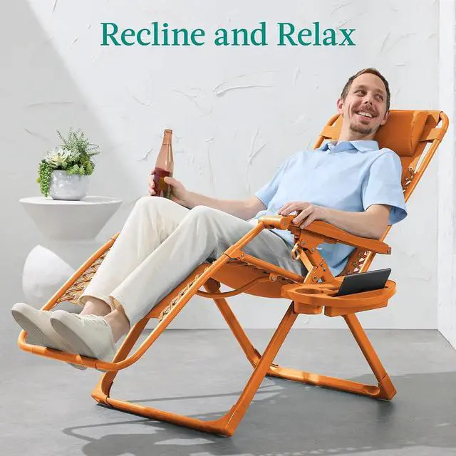 Alt view image 4 of 7 - Adjustable Zero Gravity Chair, Monochromatic Color Folding Patio Recliner w/Side Tray, Headrest - Tangerine