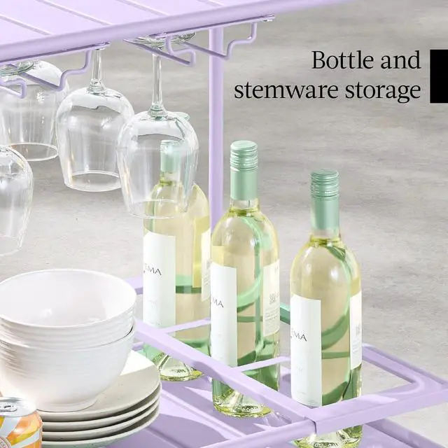 Alt view image 7 of 7 - Rolling Bar Cart, Mobile Home Bar Serving Cart, Serving Station w/ 2 Tier Shelves, Wine Rack, Lockable Wheels - Lavender
