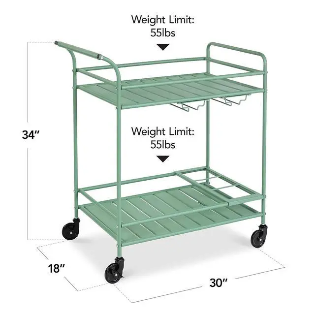Alt view image 2 of 7 - Rolling Bar Cart, Mobile Home Bar Serving Cart, Serving Station w/ 2 Tier Shelves, Wine Rack, Lockable Wheels - Sage