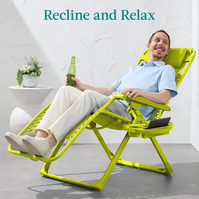 Alt view image 4 of 7 - Adjustable Zero Gravity Chair, Monochromatic Color Folding Patio Recliner w/Side Tray, Headrest - Neon