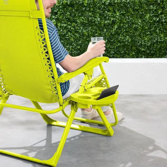 Alt view image 5 of 7 - Adjustable Zero Gravity Chair, Monochromatic Color Folding Patio Recliner w/Side Tray, Headrest - Neon