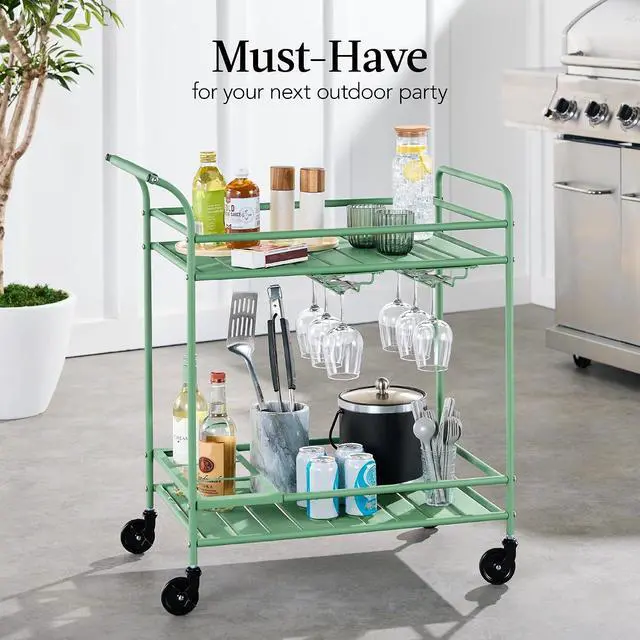 Alt view image 3 of 7 - Rolling Bar Cart, Mobile Home Bar Serving Cart, Serving Station w/ 2 Tier Shelves, Wine Rack, Lockable Wheels - Sage