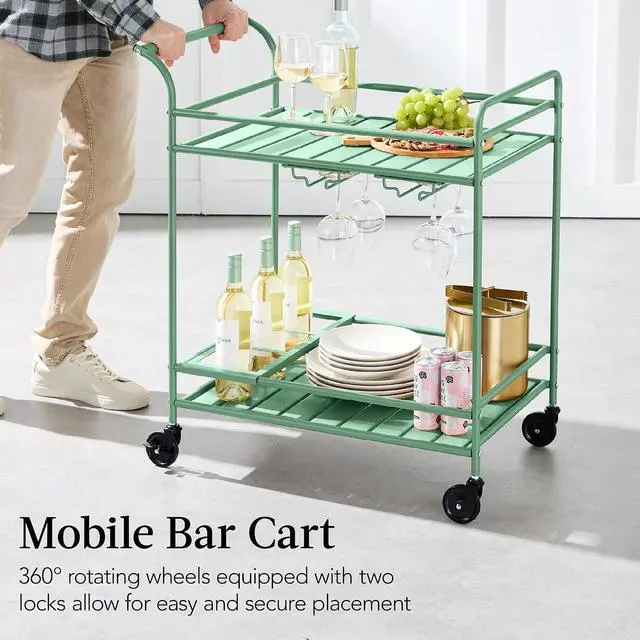 Alt view image 5 of 7 - Rolling Bar Cart, Mobile Home Bar Serving Cart, Serving Station w/ 2 Tier Shelves, Wine Rack, Lockable Wheels - Sage