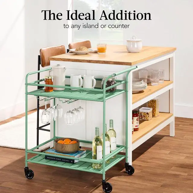 Alt view image 6 of 7 - Rolling Bar Cart, Mobile Home Bar Serving Cart, Serving Station w/ 2 Tier Shelves, Wine Rack, Lockable Wheels - Sage
