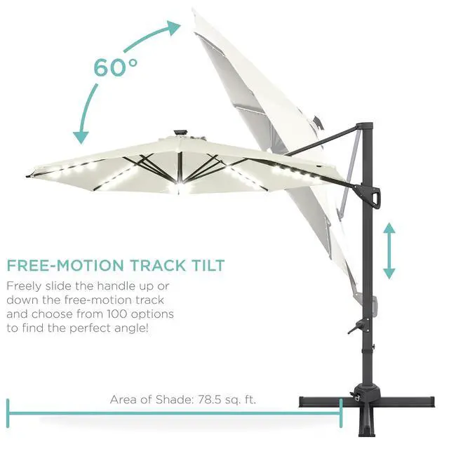 Alt view image 5 of 7 - 10ft Solar LED Cantilever Patio Umbrella, 360-Degree Rotation Hanging Offset Market Outdoor Sun Shade for Backyard, Deck, Poolside w/Lights, Easy Tilt, Cross Base - Ivory