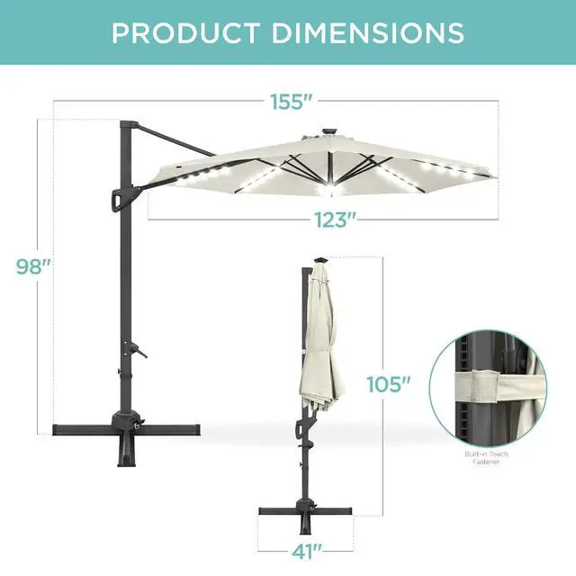 Alt view image 7 of 7 - 10ft Solar LED Cantilever Patio Umbrella, 360-Degree Rotation Hanging Offset Market Outdoor Sun Shade for Backyard, Deck, Poolside w/Lights, Easy Tilt, Cross Base - Ivory