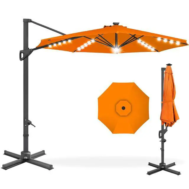 Main image of 10ft Solar LED Cantilever Patio Umbrella, 360-Degree Rotation Hanging Offset Market Outdoor Sun Shade for Backyard, Deck, Poolside w/Lights, Easy Tilt, Cross Base - Orange