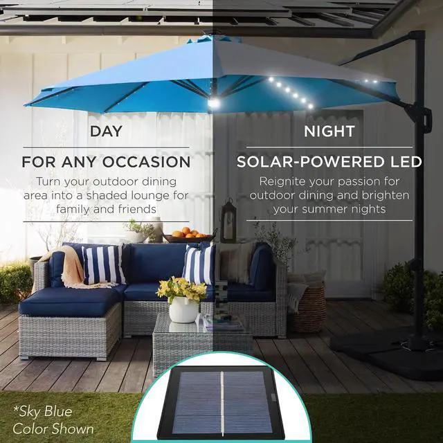 Alt view image 3 of 7 - 10ft Solar LED Cantilever Patio Umbrella, 360-Degree Rotation Hanging Offset Market Outdoor Sun Shade for Backyard, Deck, Poolside w/Lights, Easy Tilt, Cross Base - Orange